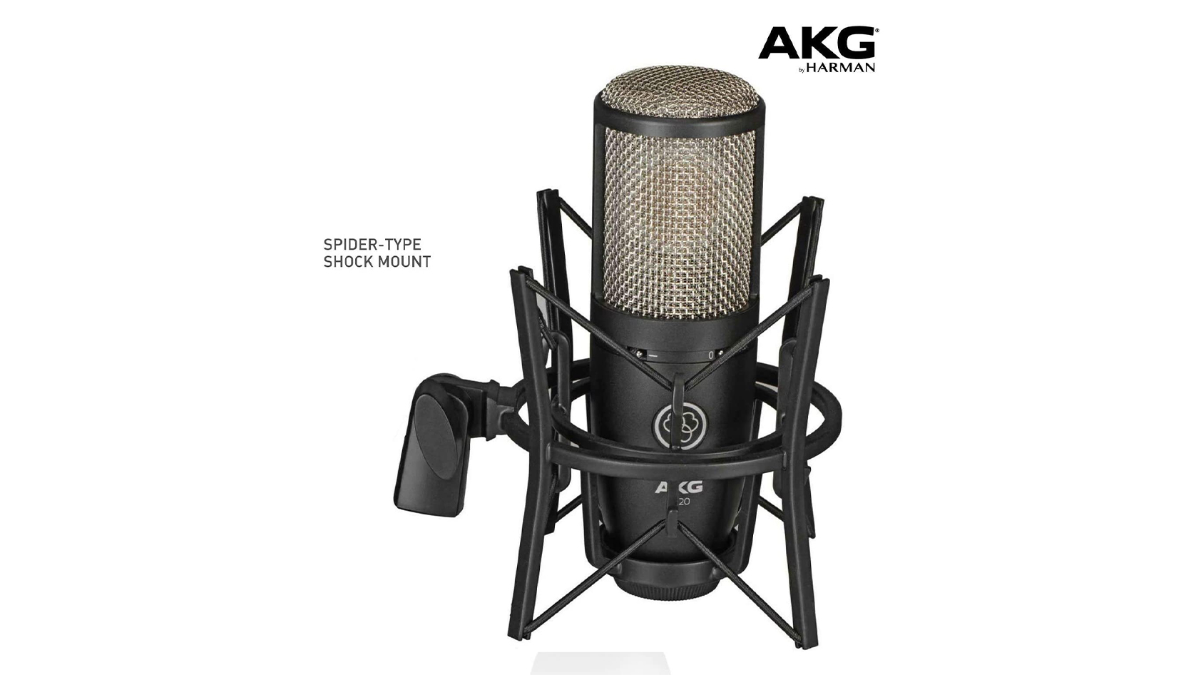 A product image of the AKG P420 XLR microphone suspended against a white background.
