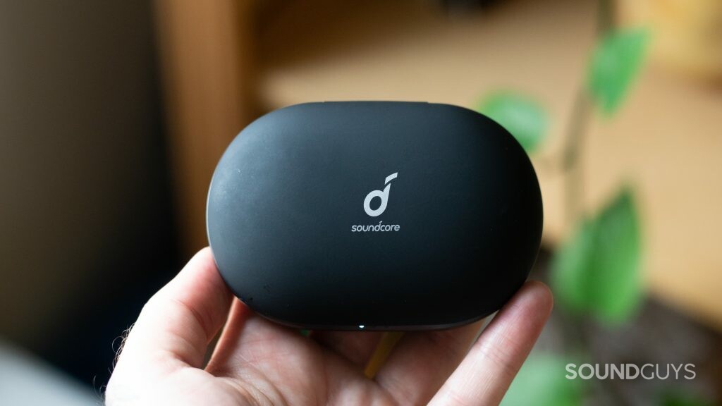 Man holding closed charging case of Anker Soundcore Spirit X2 in hand.