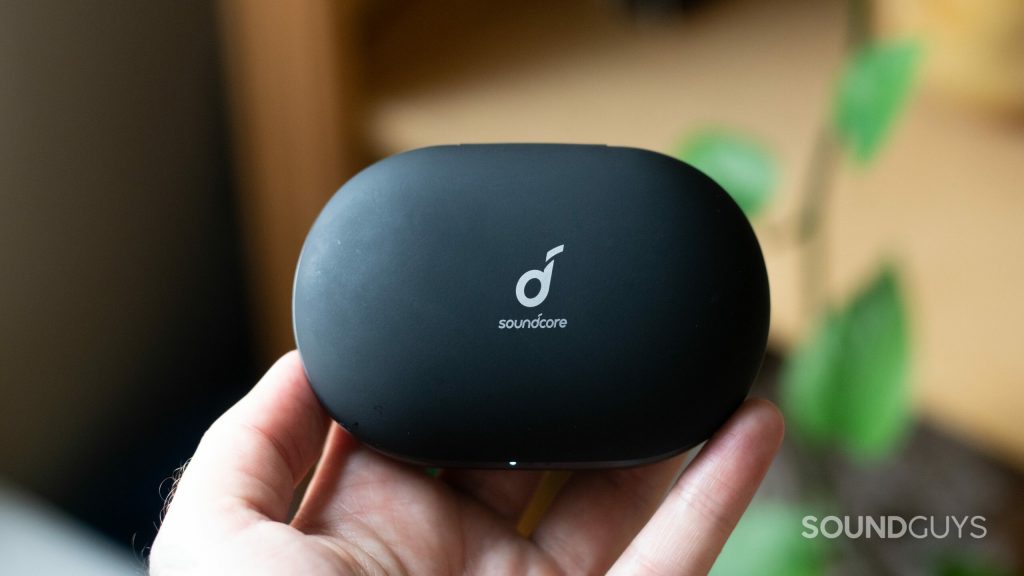 Man holding closed charging case of Anker Soundcore Spirit X2 in hand.