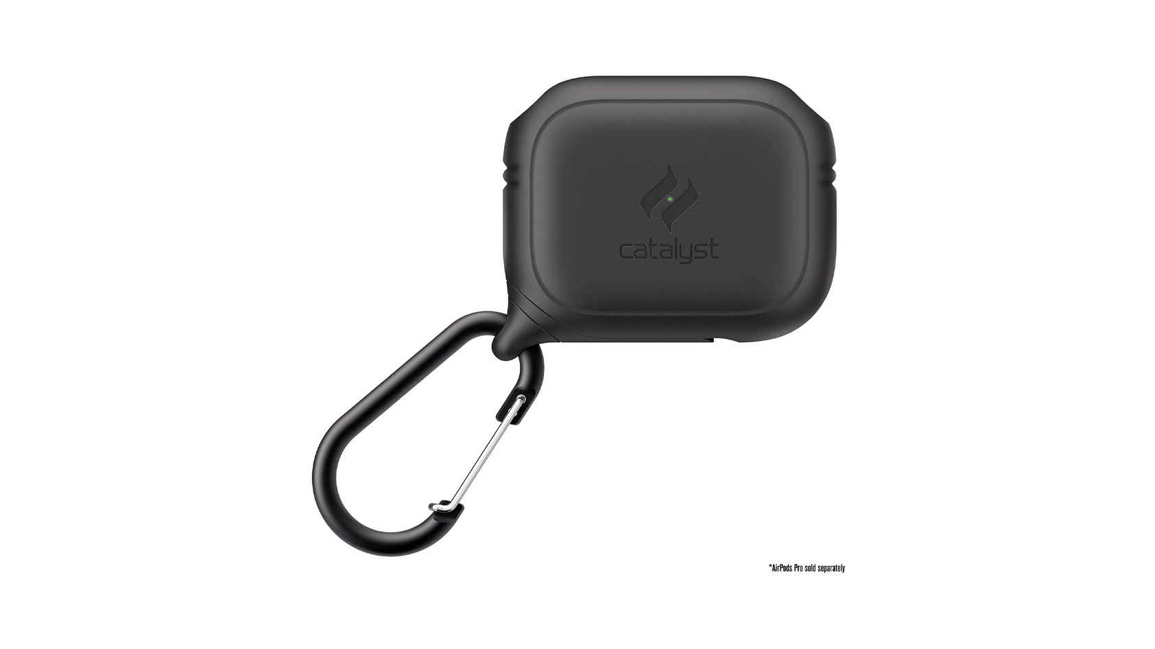 A product image of the Catalyst waterproof Case for AirPods Pro in black with a carabiner.