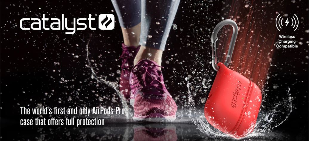 A product image of the Catalyst waterproof Case for AirPods Pro in red against a woman running making a splash.