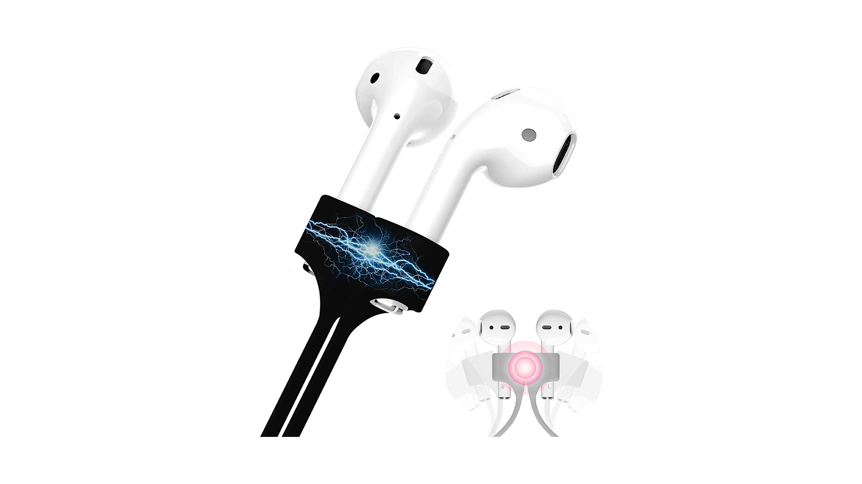 A product render of the Cobcobb AirPods Pro leash with the AirPods in display.