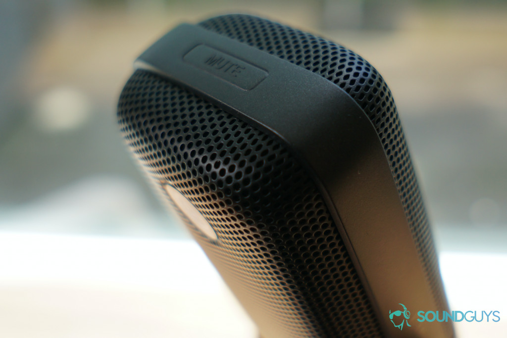 A detail shot of the mute sensor on top of the Elgato Wave:3 microphone.