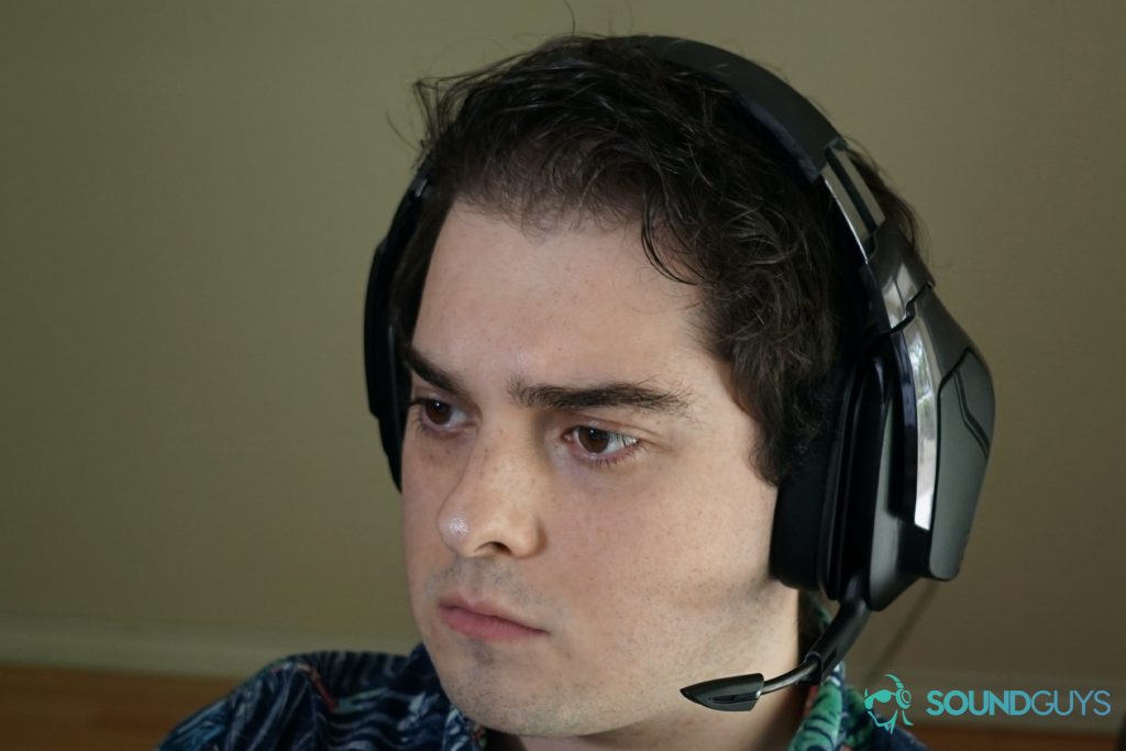 A man wears the Logitech G935 gaming headset.