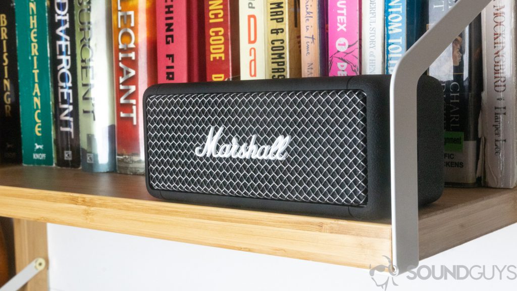 Marshall Emberton Bluetooth speaker on a bookshelf
