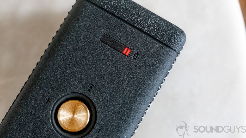 Shot of the battery indicator lights on the top of the Marshall Emberton Bluetooth speaker
