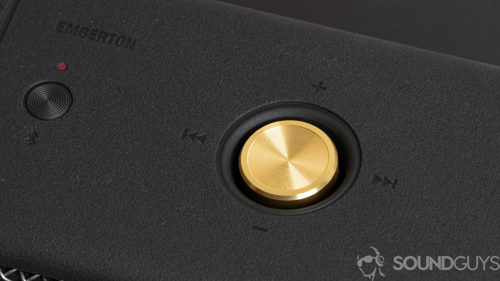 Close-up shot of the golden knob on the Marshall Emberton Bluetooth speaker