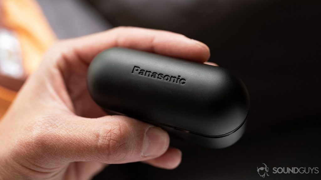 A picture of the Panasonic RZ-S500W noise canceling earbuds case shut with the Panasonic logo in view.