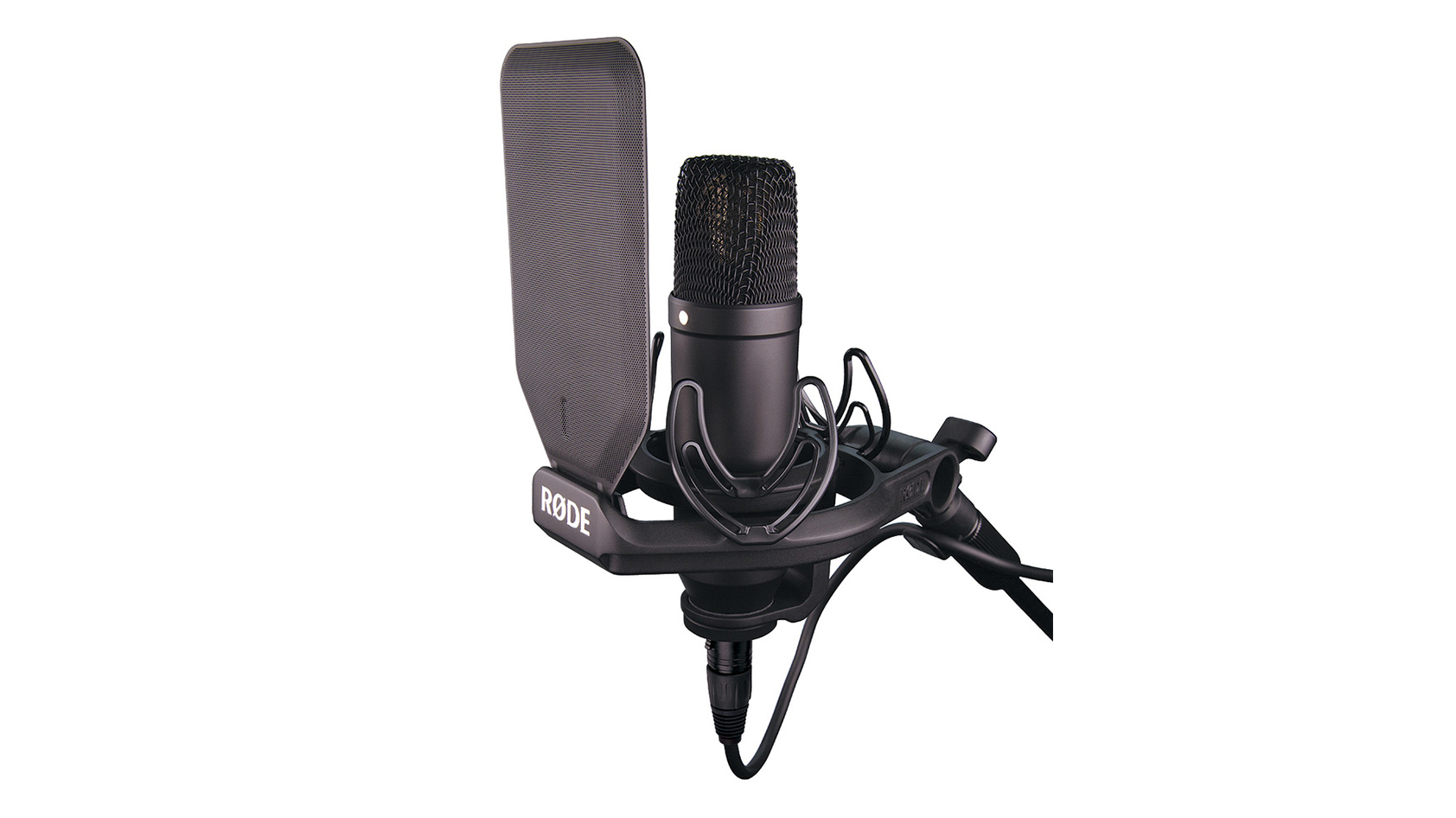 A product image of the Rode NT1 with shock mount and pop filter