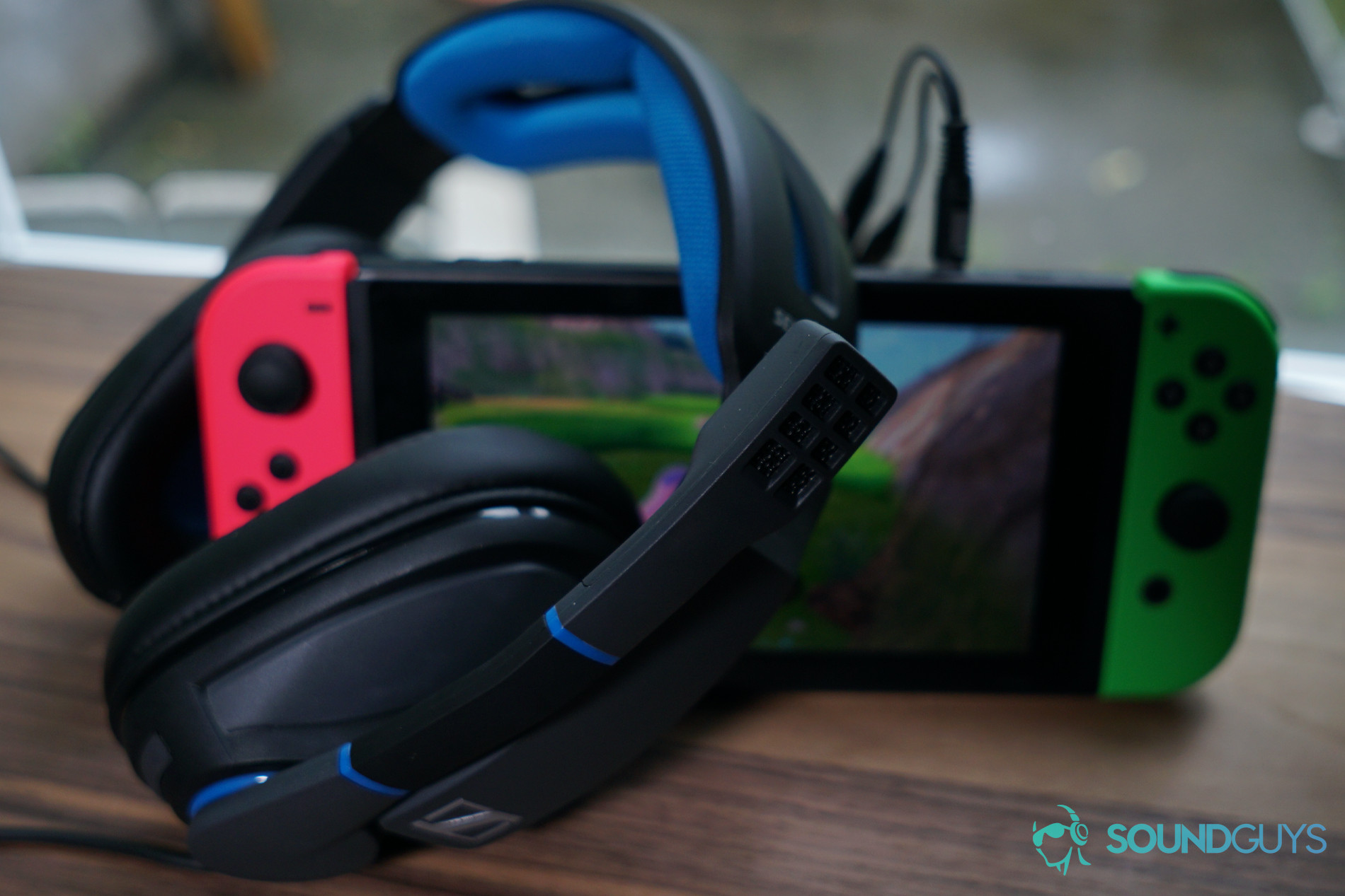 The Sennheiser GSP 300 gaming headset is plugged into a Nintendo Switch running Pokemon Sword.
