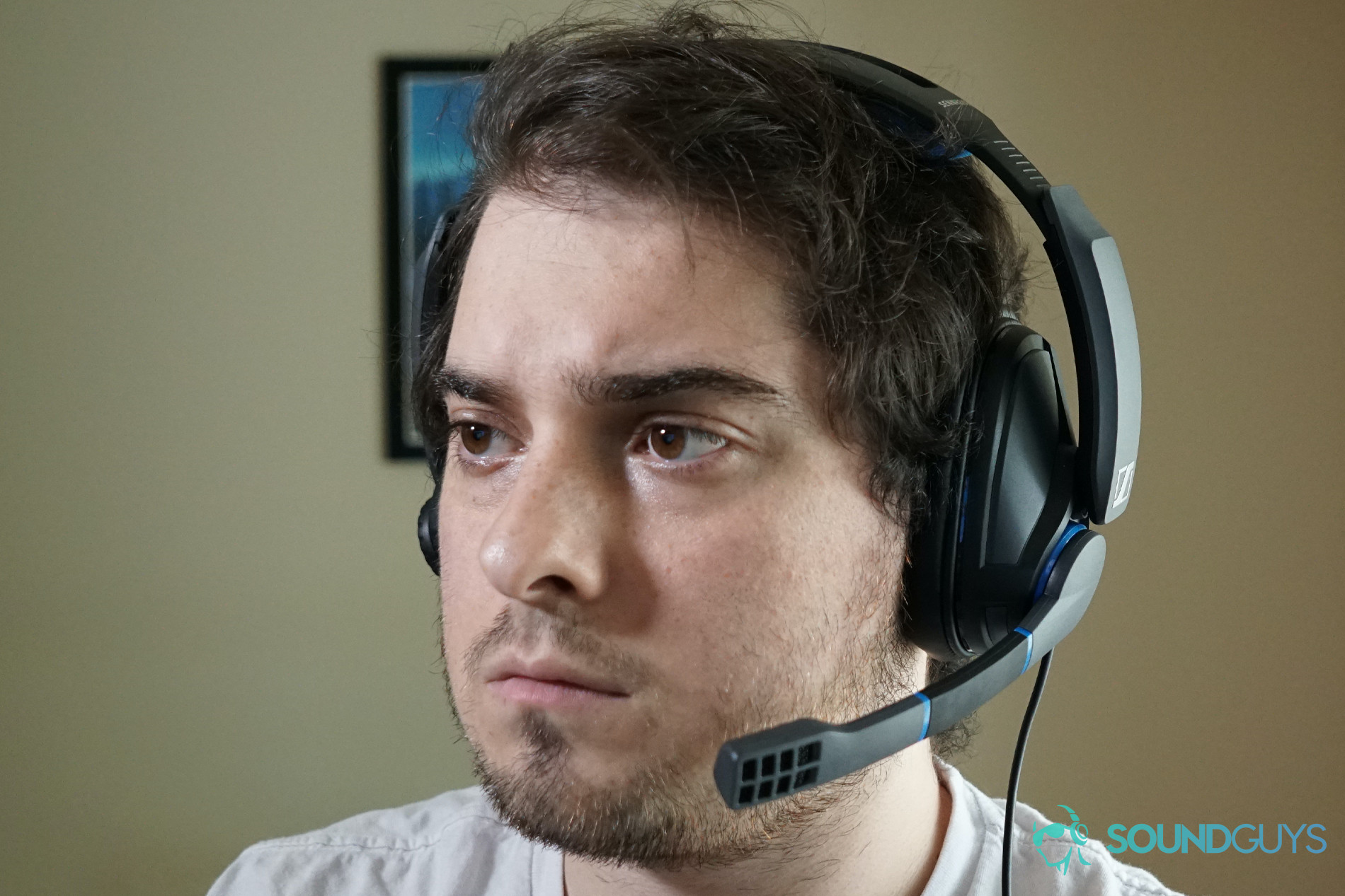 A man wears the The Sennheiser GSP 300 gaming headset.
