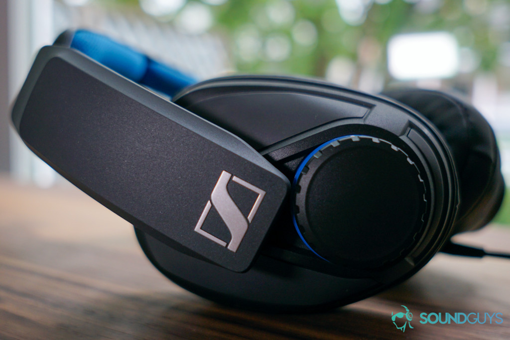 A detail shot of The Sennheiser GSP 300 gaming headset volume dial