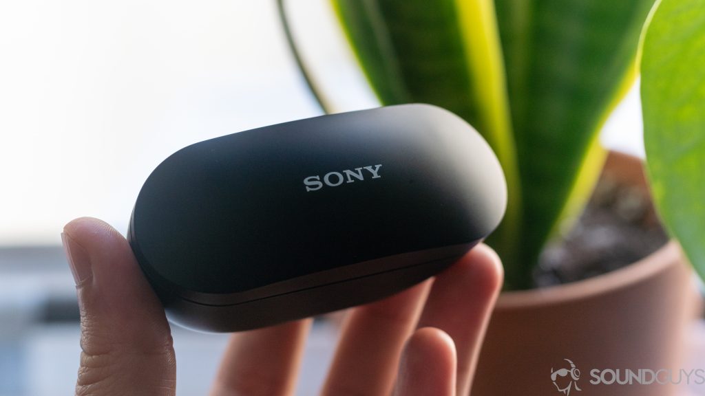 Sony WF-SP800N charging case in hand with plant in background.