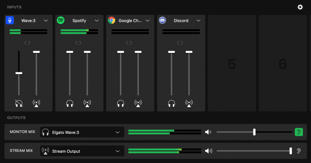 A screenshot of the Elgato WaveLink virtual audio mixer app.