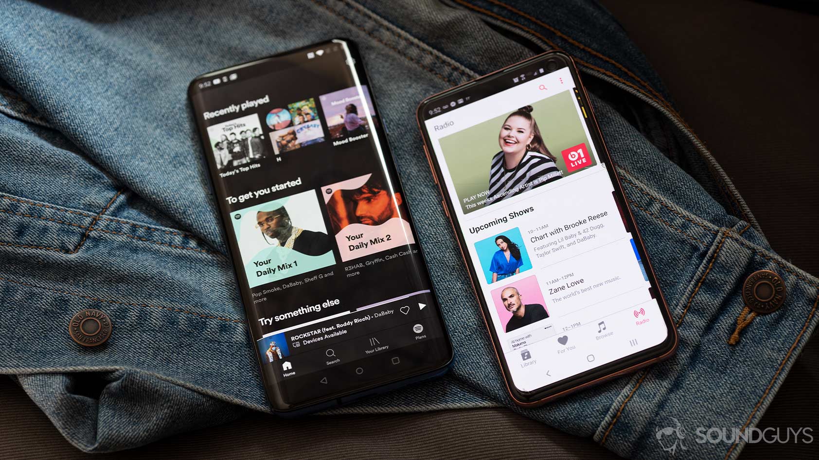 Apple Music vs Spotify on a OnePlus 7 Pro and Samsung Galaxy S10e, respectively.