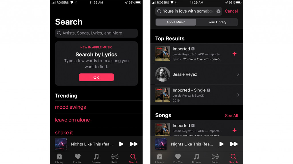 Two juxtaposed screenshots of Apple Music vs Spotify Premium Lyrics Search in the mobile apps.