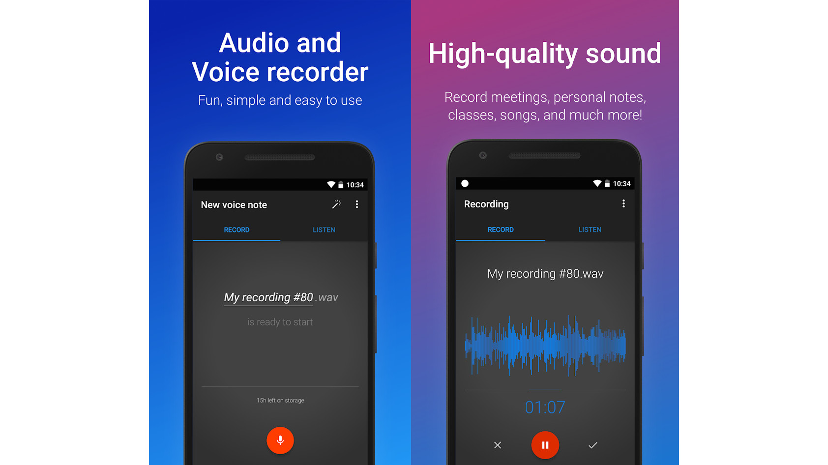 A screenshot of the Easy Voice Recorder interface with animated wave recordings.