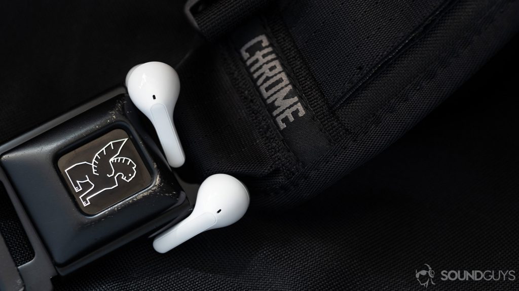 A photo of the LG TONE Free HBS-FN6-6 true wireless earbuds and their touch sensors on the stems.