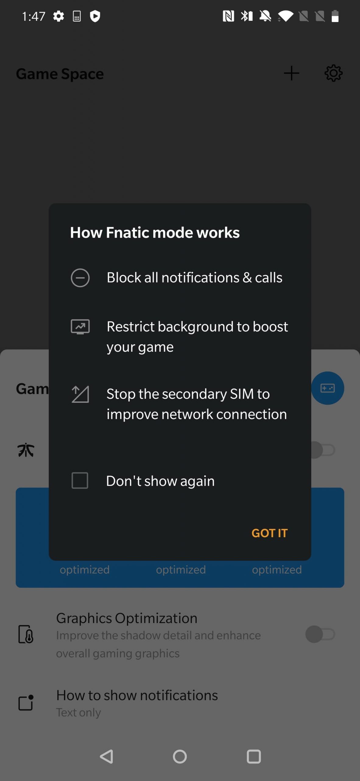 A screenshot of the OnePlus Game Space app showing a warning that appears prior to enabling Fnatic Mode.