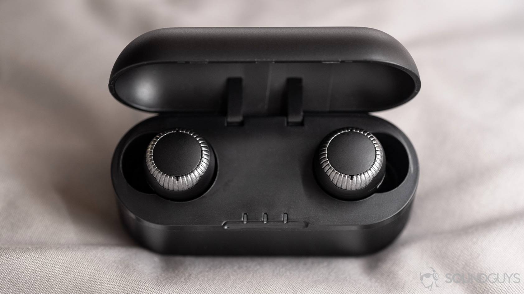 An aerial photo of the Panasonic RZ-S300W true wireless earbuds in the open charging case.