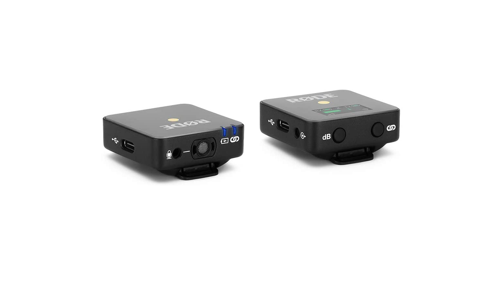 A product image of the Rode Wireless GO receiver and transmitter boxes.