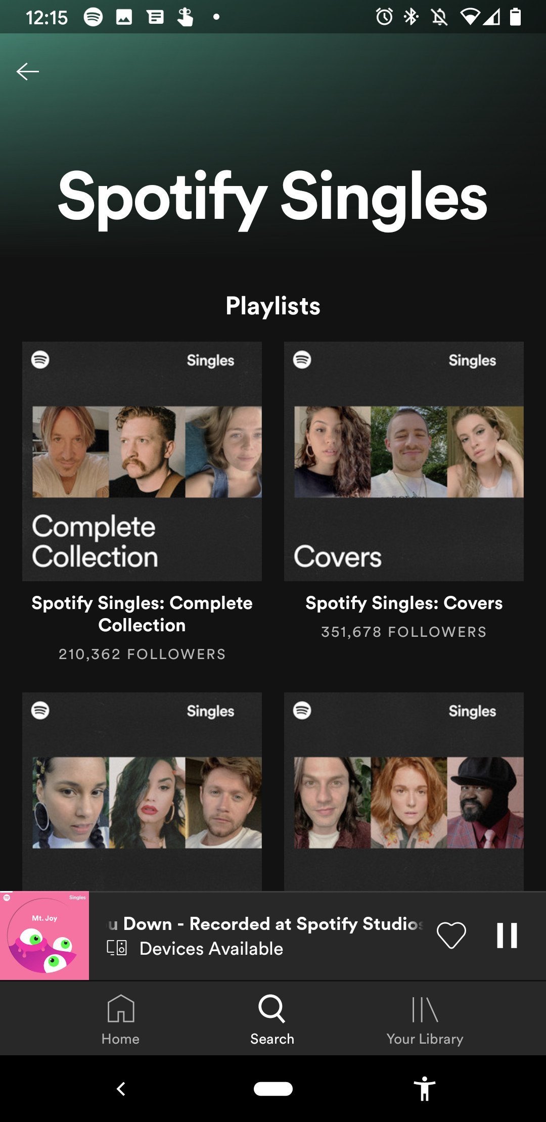 A screenshot of Spotify Singles on the mobile app used to illustrate feature differences between Tidal vs Spotify.