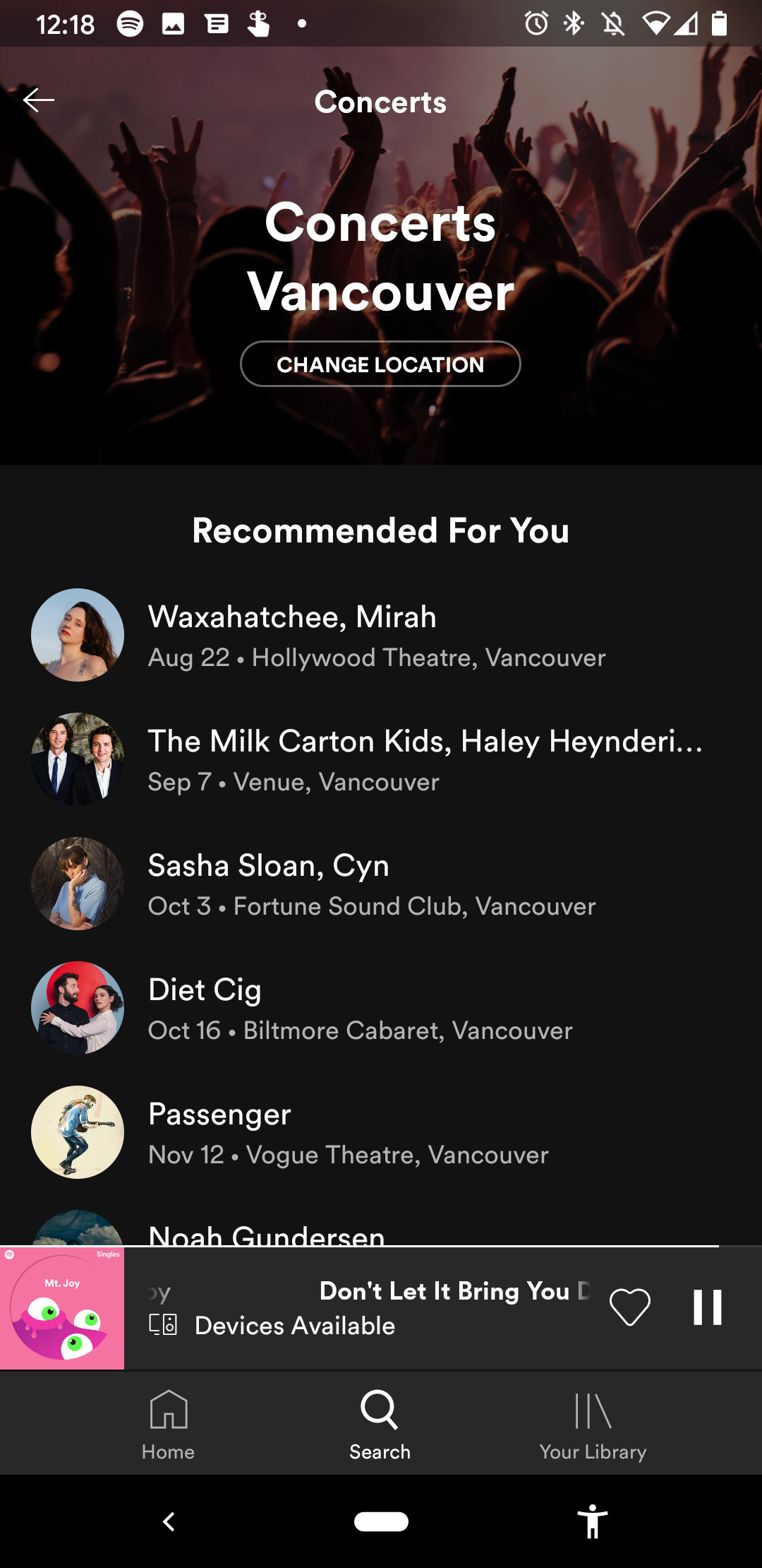 A screenshot of Spotify upcoming concerts in Vancouver used to illustrate feature differences between Tidal vs Spotify.