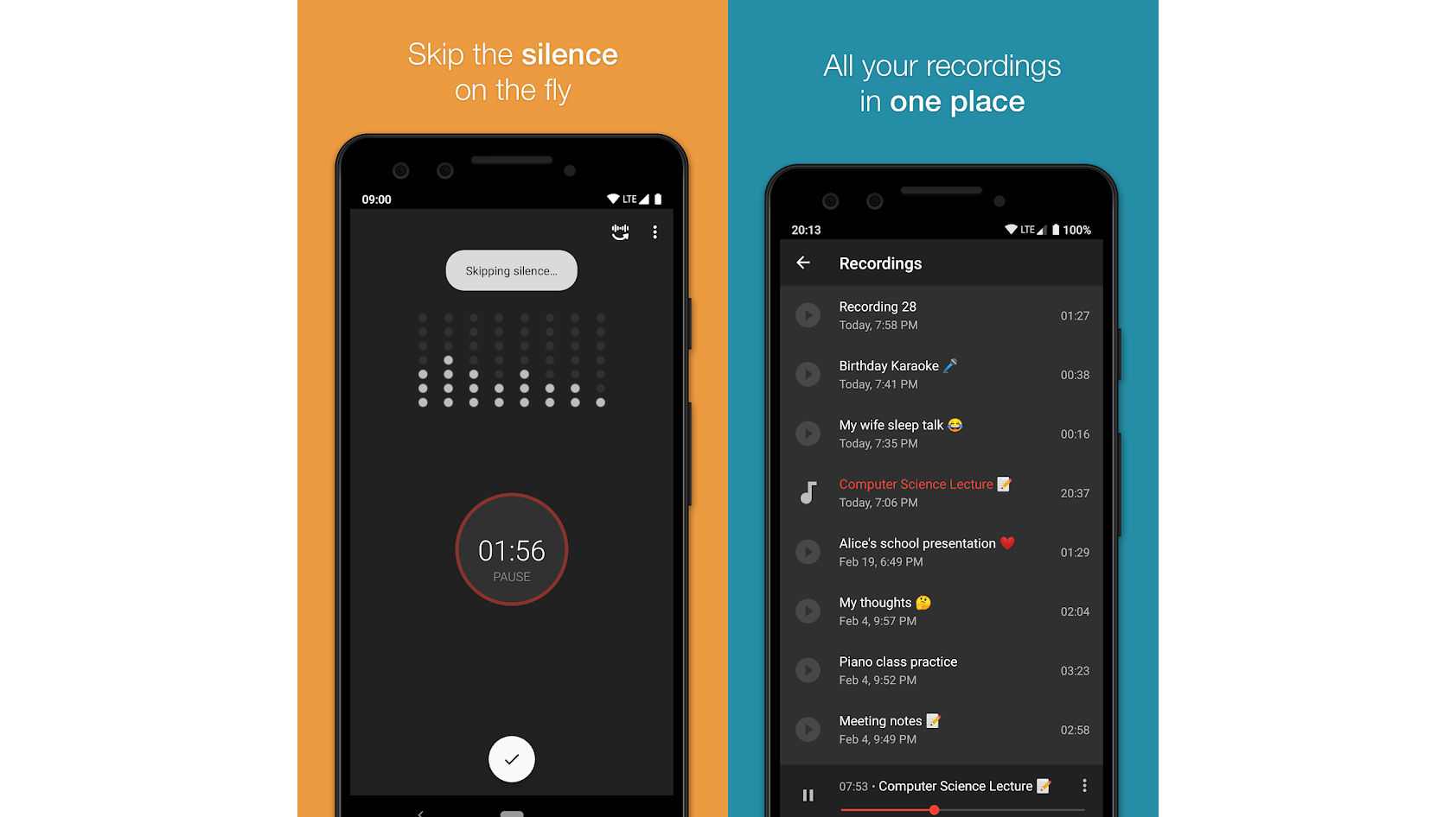 The Smart Recorder App interface depicting animated levels and a list of recordings on smartphone screens.