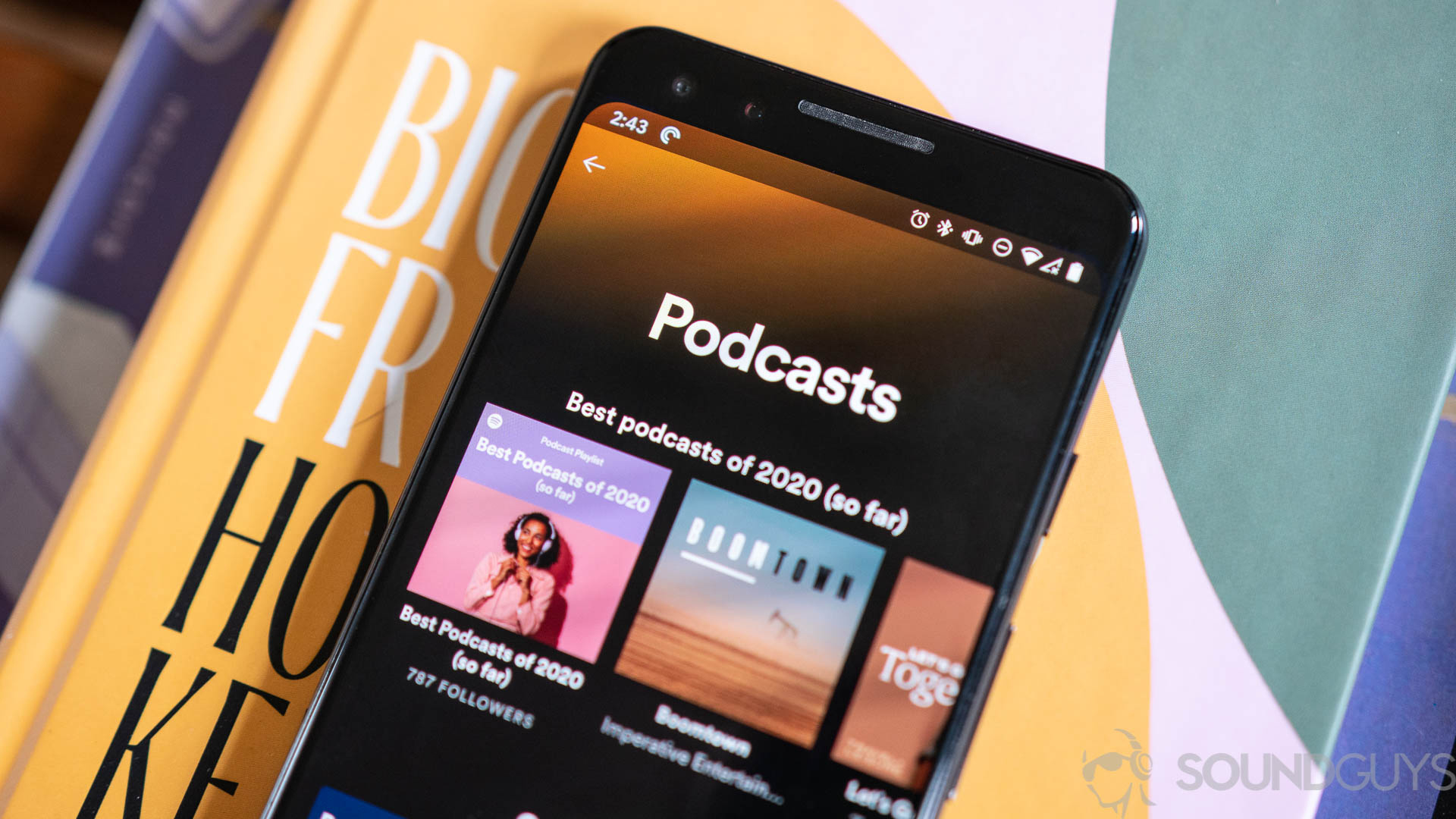 Close-up of podcast section on Spotify app in iOS.