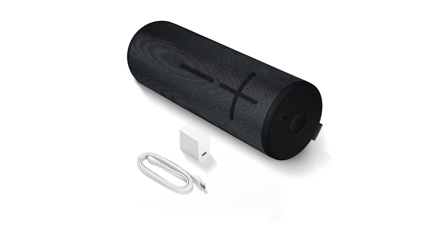 A product render of the UE MEGABOOM 3 waterproof speaker with its inclusions (charging brick and cable).