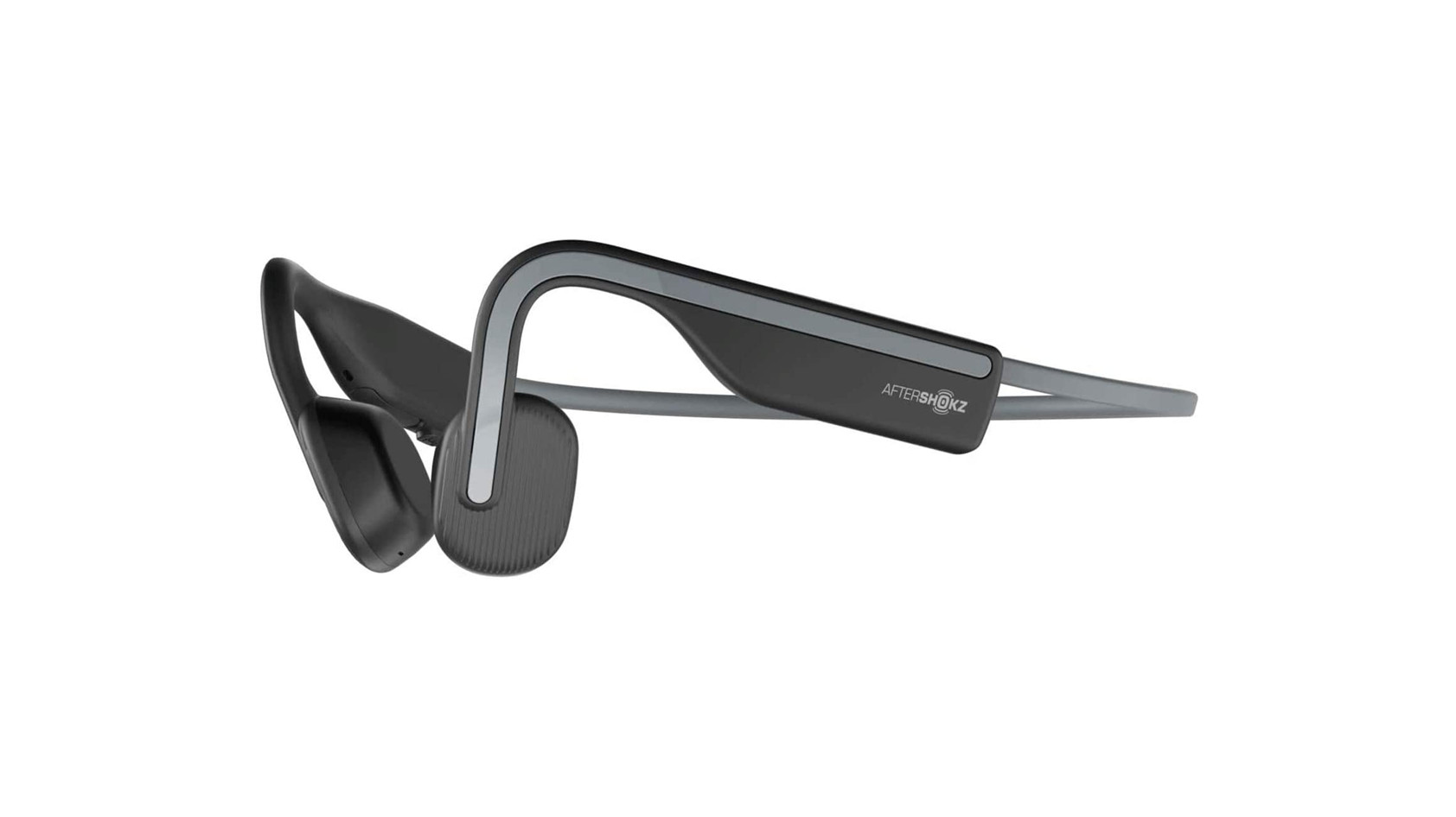 Aftershokz OpenMove bone conduction headphones against a white backgroudn.