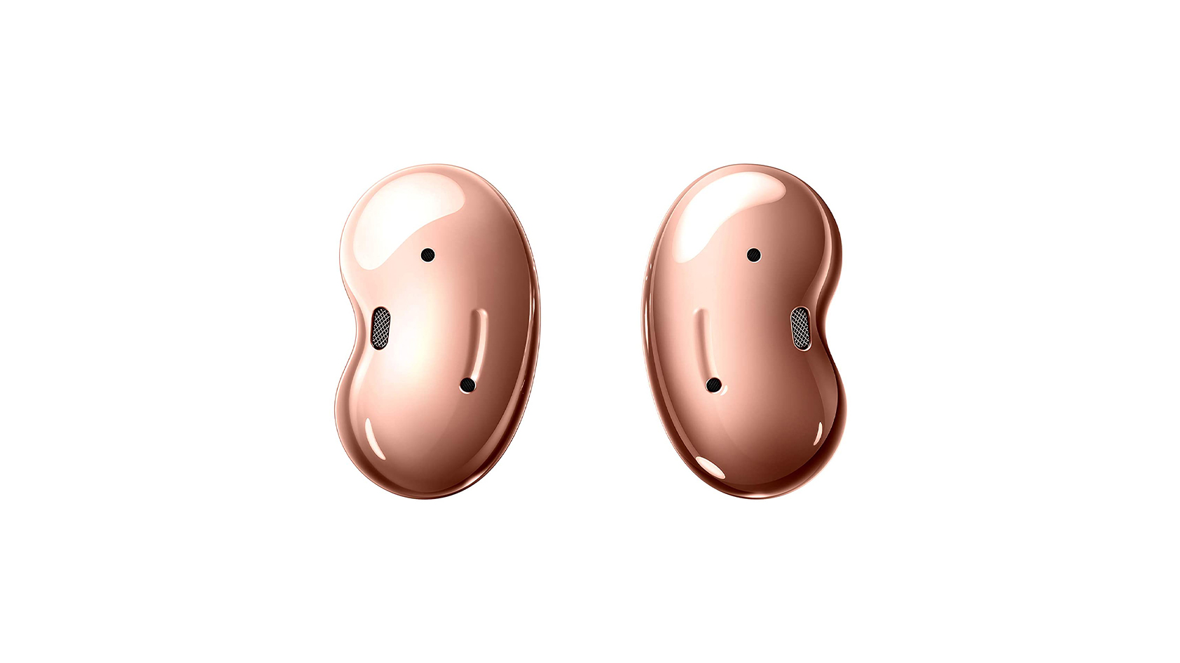 A product render of the Samsung Galaxy Buds Live noise canceling true wireless earbuds in Mystic Bronze against a white background.