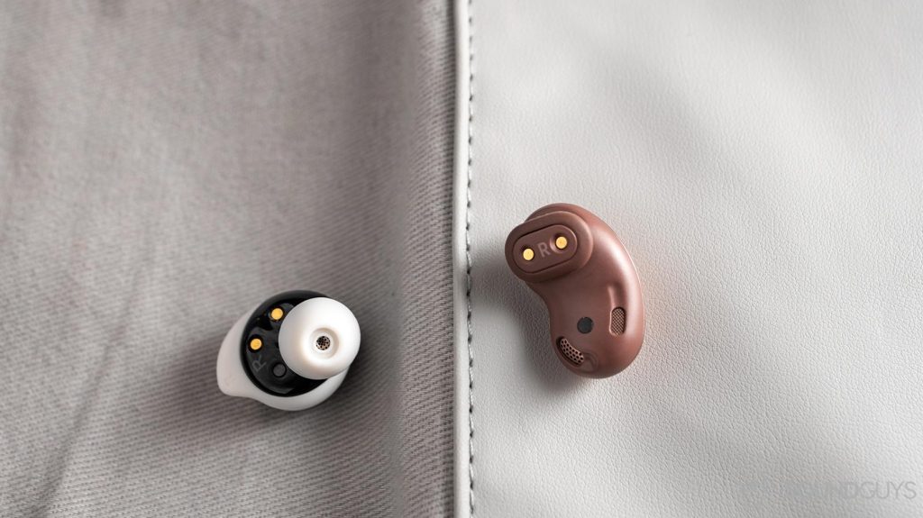 A picture of the Samsung Galaxy Buds Live noise cancelling true wireless earbuds next to the Samsung Galaxy Buds Plus for the Samsung Galaxy Buds Plus vs Samsung Galaxy Buds Live comparison.