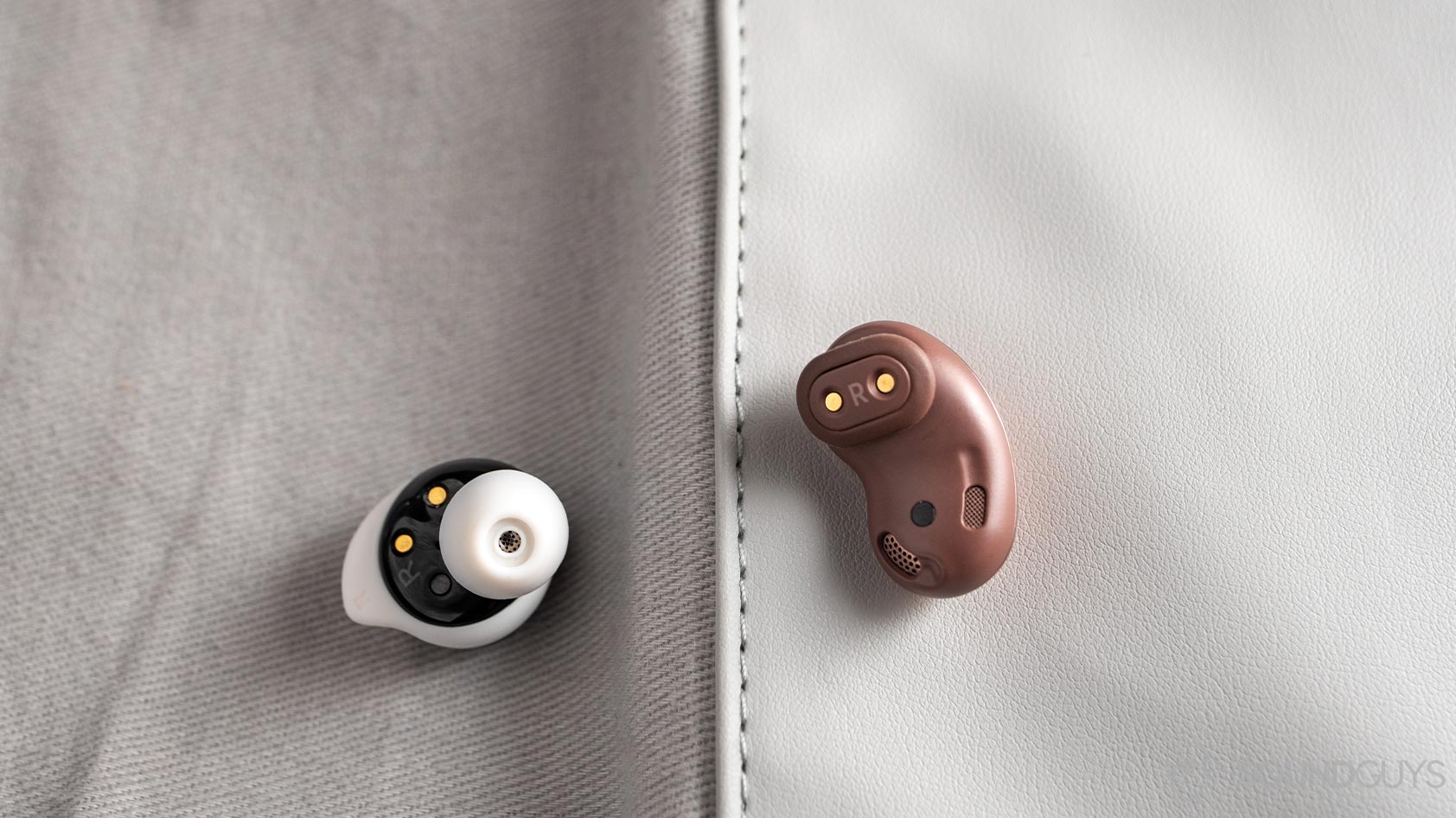 A picture of the Samsung Galaxy Buds Live noise canceling true wireless earbuds next to the Samsung Galaxy Buds Plus for the Samsung Galaxy Buds Plus vs Samsung Galaxy Buds Live comparison.