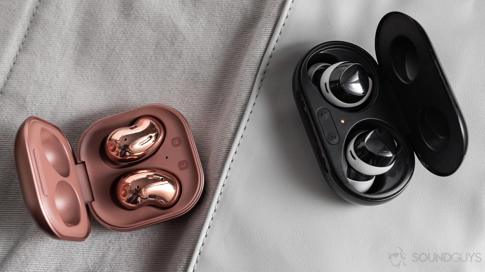 A picture of the Samsung Galaxy Buds Live noise canceling true wireless earbuds in the open case next to the Samsung Galaxy Buds Plus for the Samsung Galaxy Buds Plus vs Samsung Galaxy Buds Live comparison.for the Samsung Galaxy Buds Plus vs Samsung Galaxy Buds Live comparison.