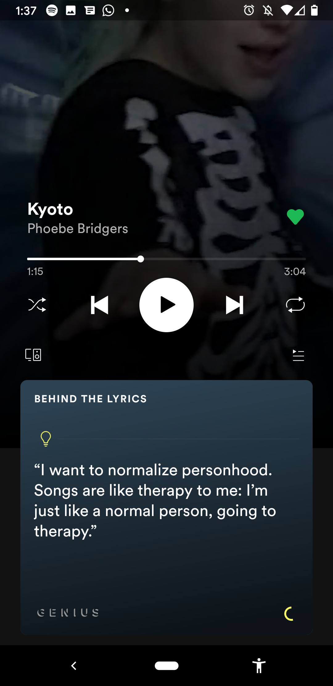 Screenshot of Spotify player showing the Behind the Lyrics by Genius feature