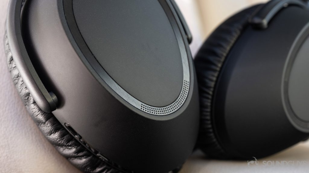 A photo of the Sennheiser PXC 550-II noise canceling headphones ear cup with holes around the perimeter.