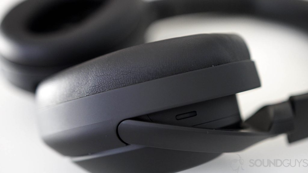 Shot of the earcups and the padding on the Sony WH-1000XM4 headphones on a white table.