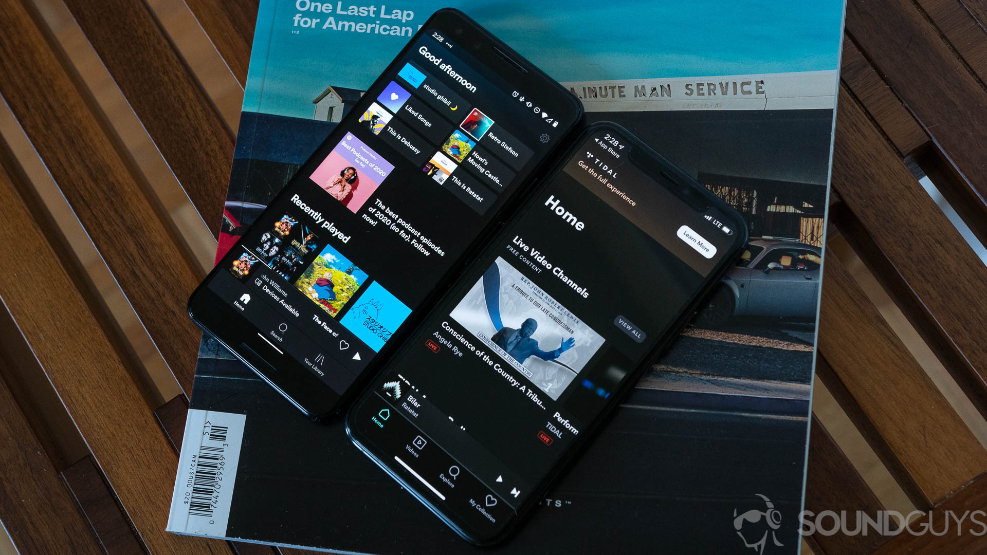 A side-by-side of Spotify's interface and Tidal's interface on two smartphones used to illustrate the differences between Tidal vs Spotify.