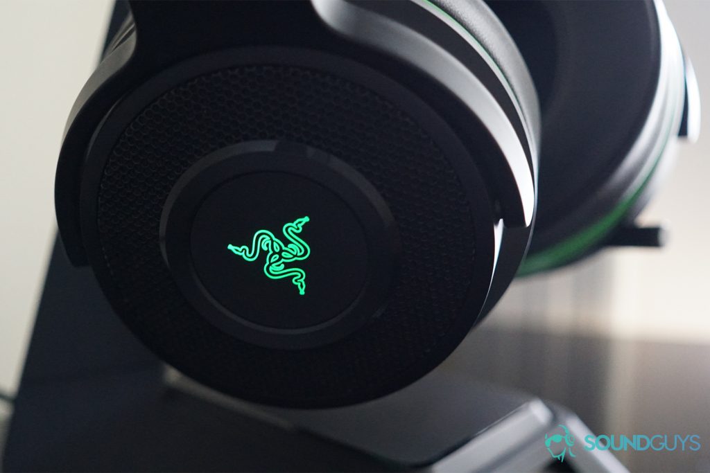 A photo of the Razer Thresher Ultimate's glowing Razer logo.
