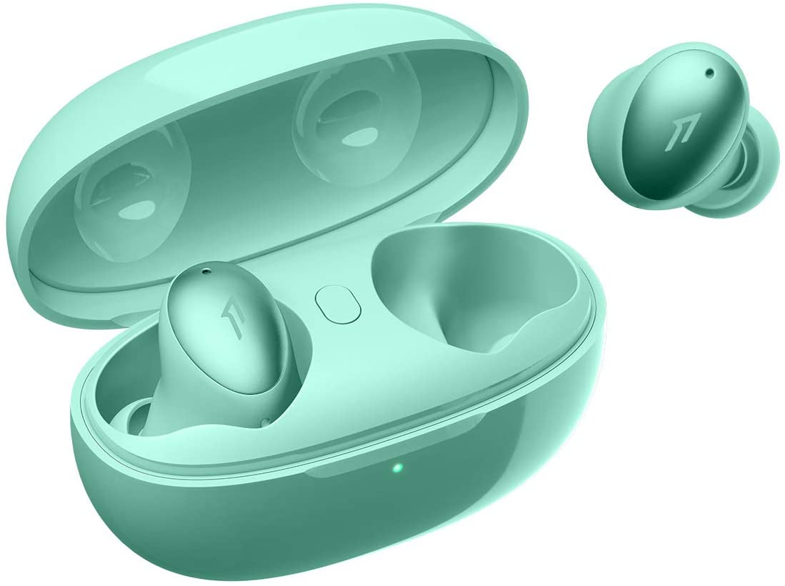A product render of the 1MORE ColorBuds in mint green.