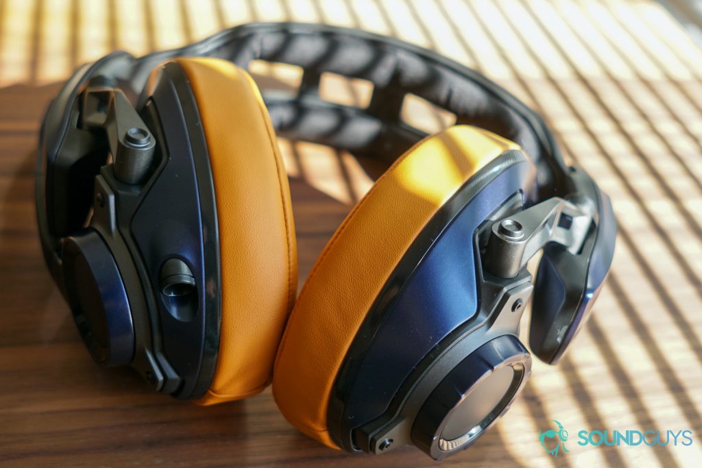 The EPOS Sennheiser GSP 602 gaming headset face down on a table near some closed blinds
