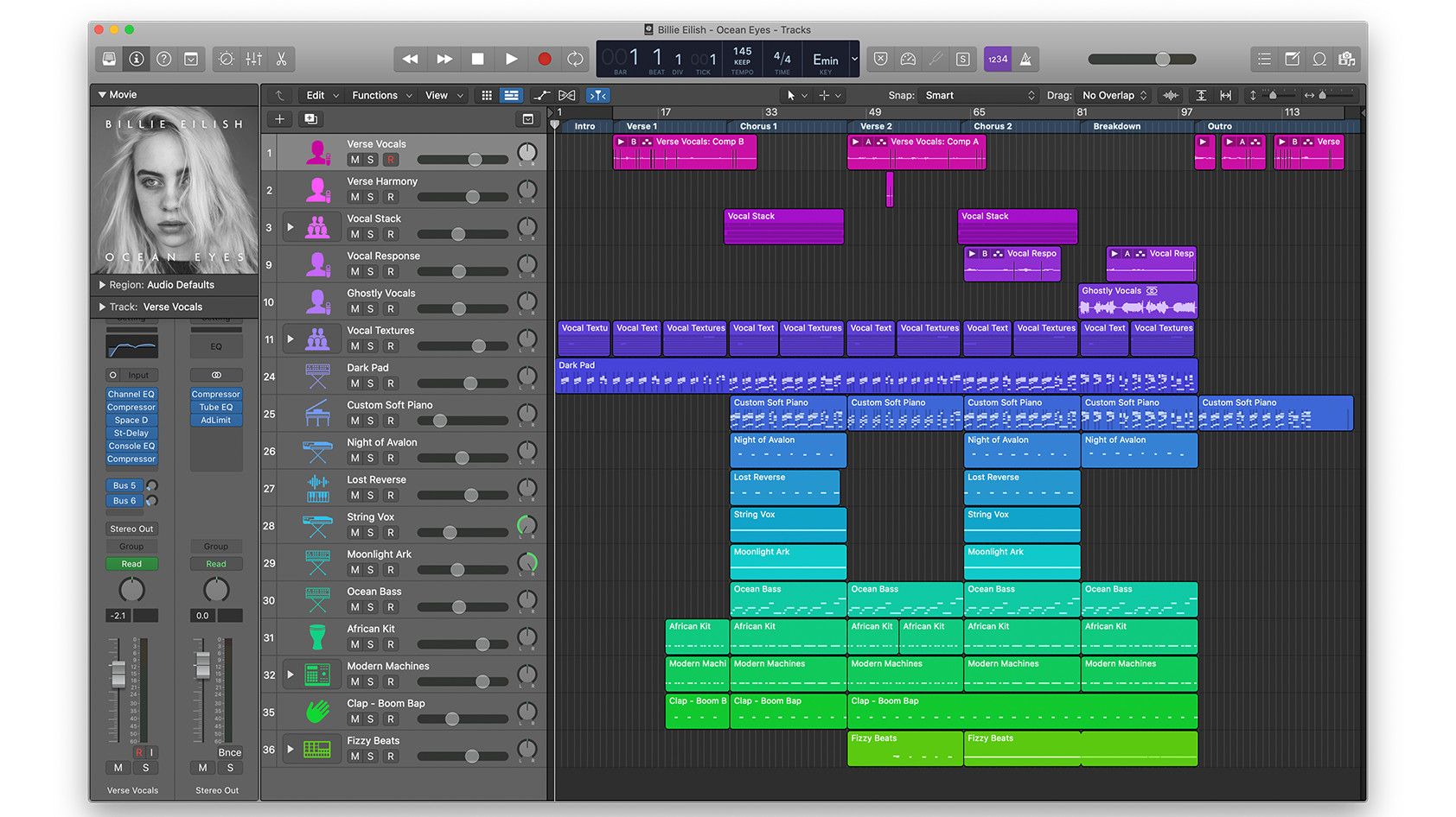 This is a screenshot of Billie Eilish's project file for her son Ocean Eyes in Logic Pro X digital audio workstation.