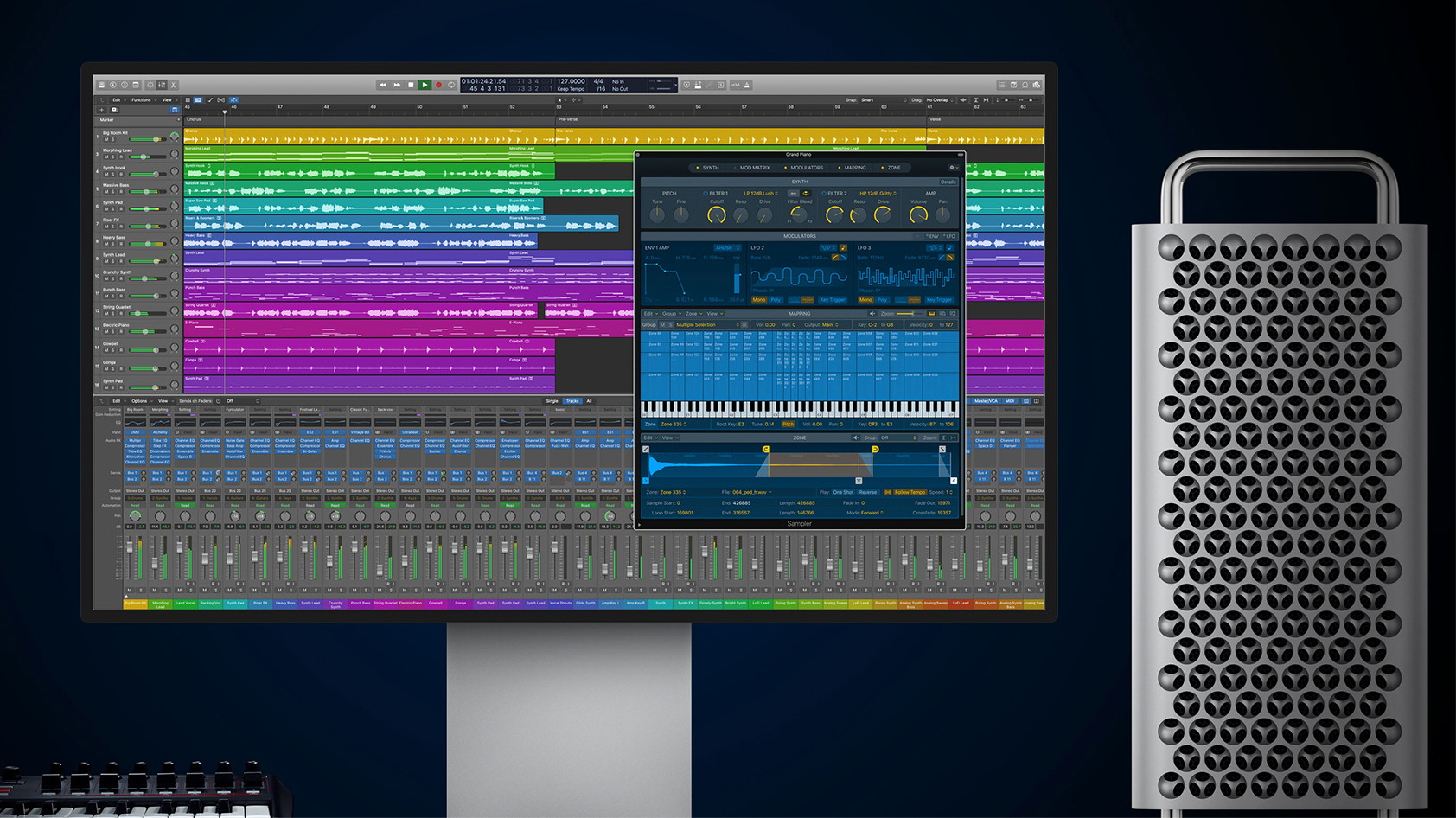 This is a picture of Logic Pro X running on a Mac Pro