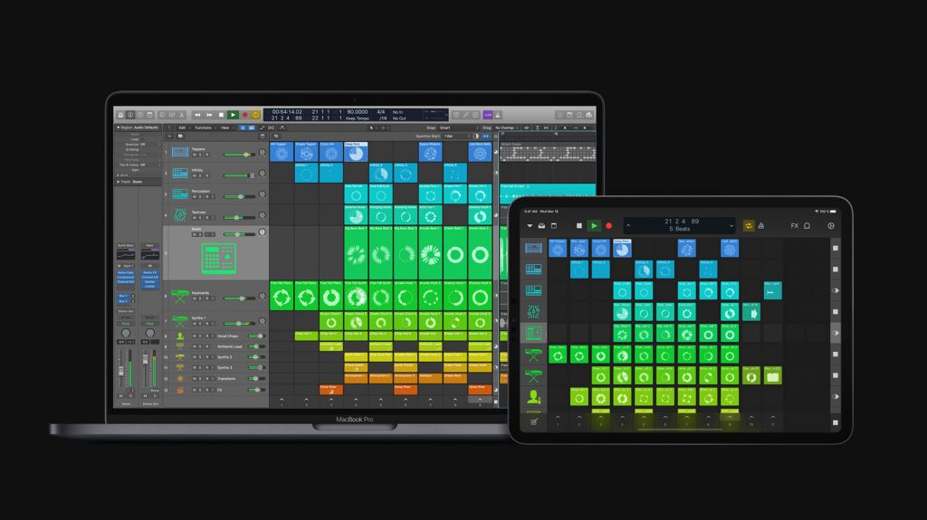 This is a picture of Logic Pro X DAW running on a MacBook Pro alongside the iPad Pro using the Logic Remote app.
