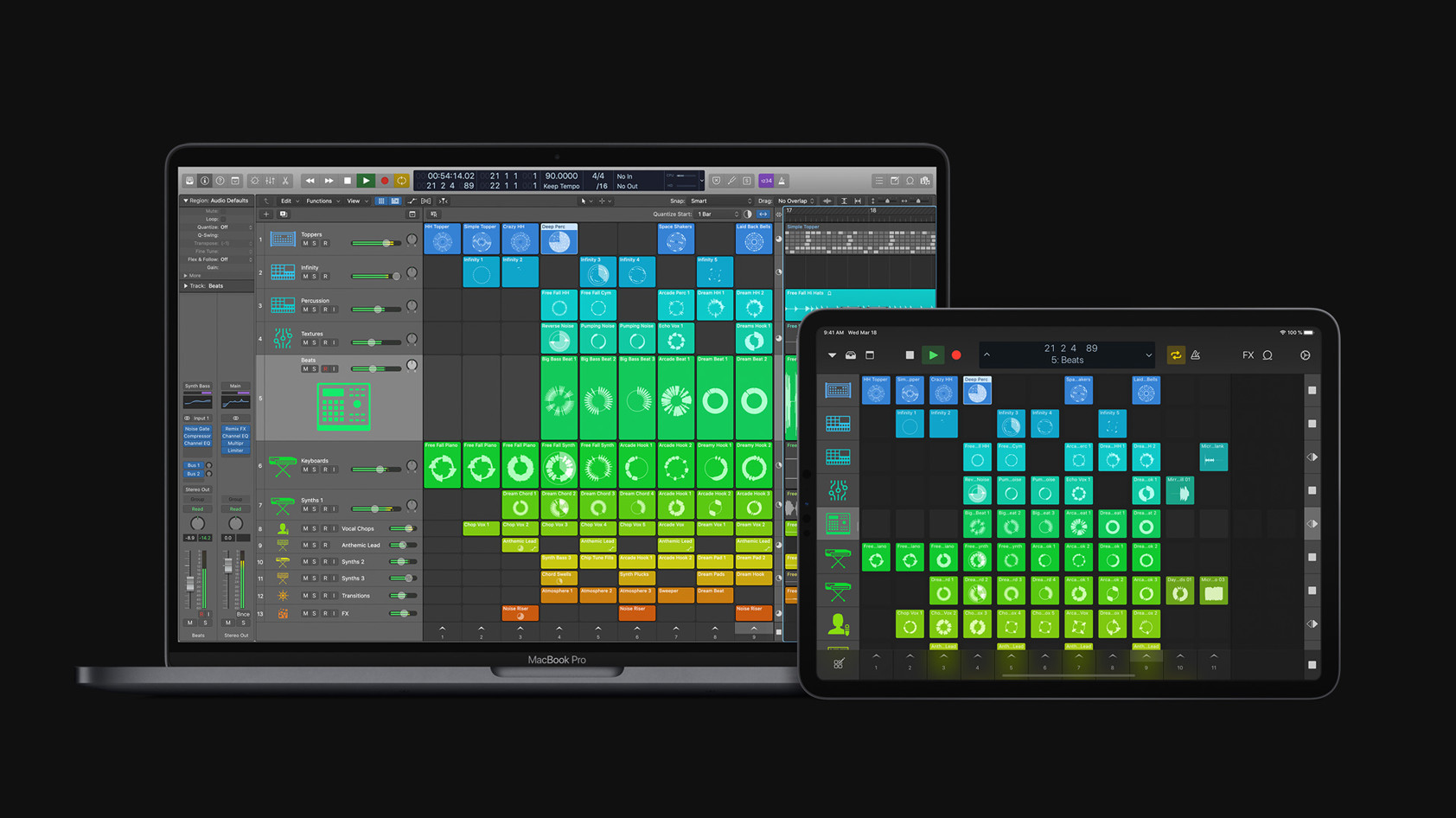 This is a picture of Logic Pro X DAW running on a MacBook Pro alongside the iPad Pro using the Logic Remote app.