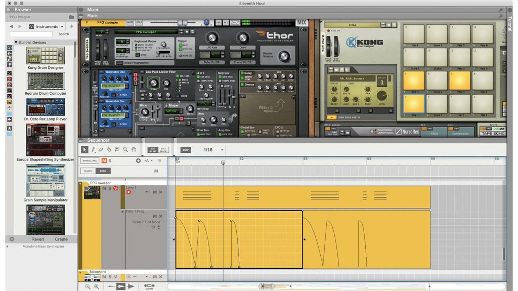 This is a screenshot of the DAW Reason with the virtual rack mount and MIDI editor open.