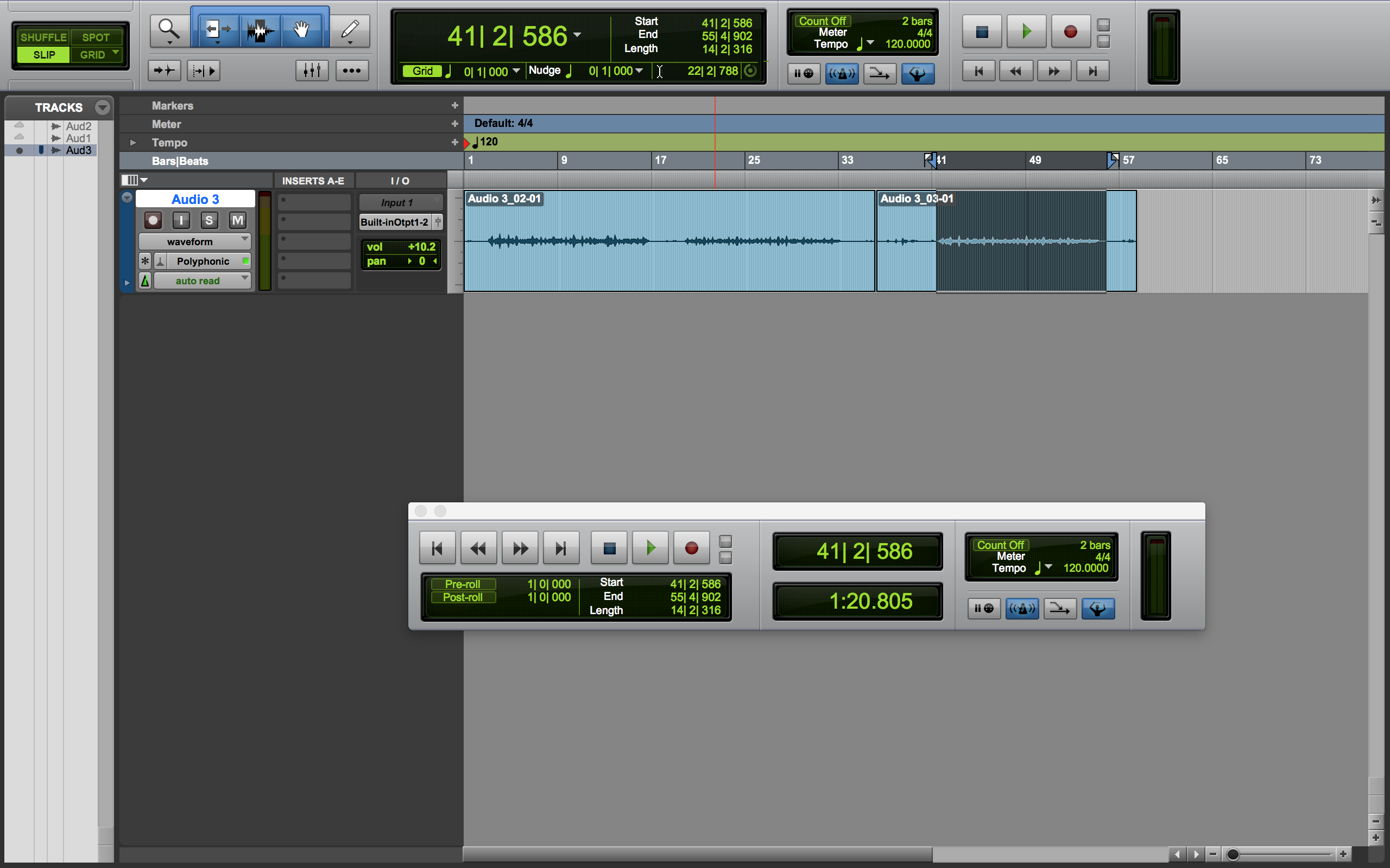 A screen shot of the Pro Tools First user interface used for home studio recording.