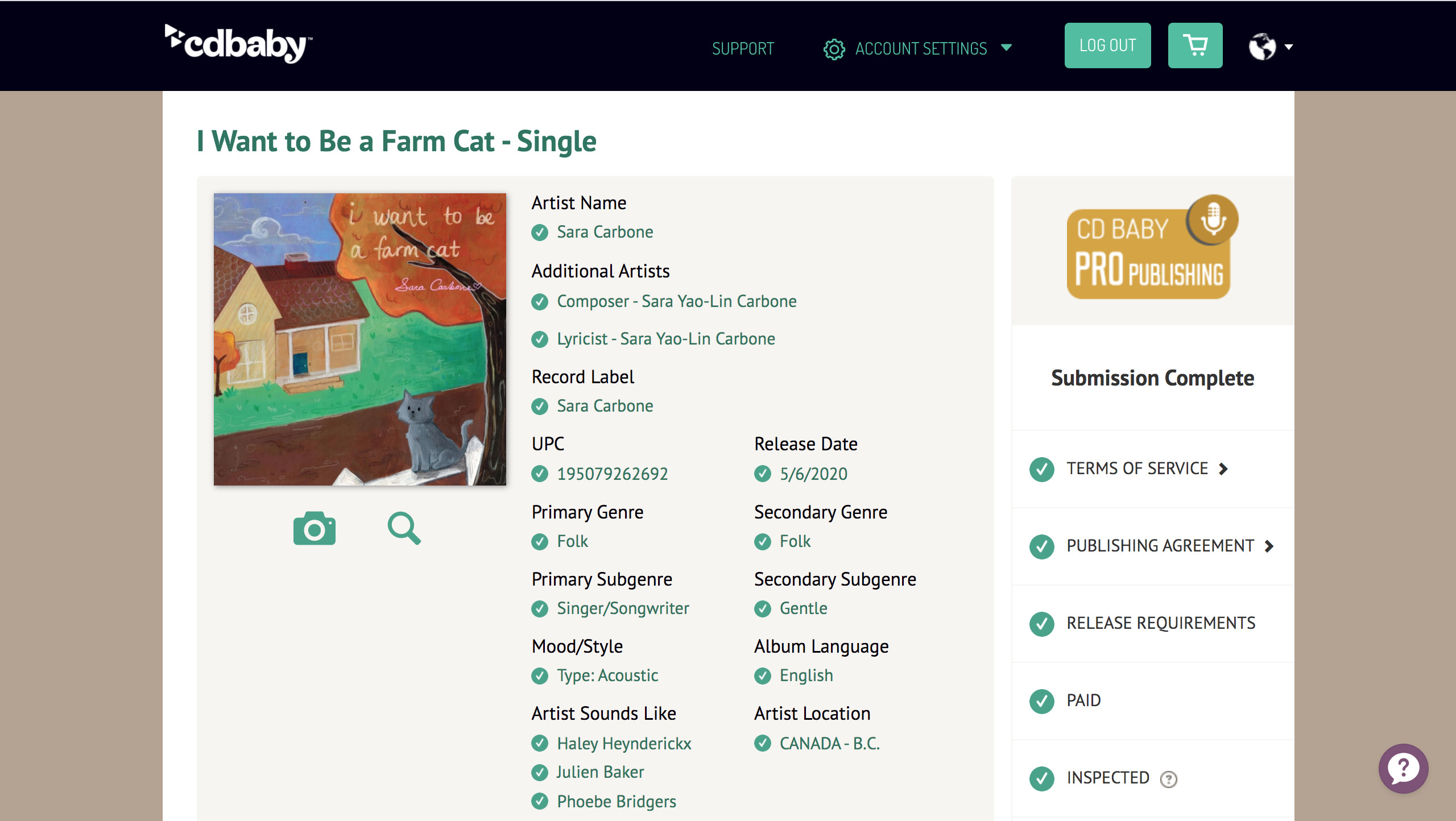 Screenshot of CD Baby interface CD Baby Pro Publishing Single release page