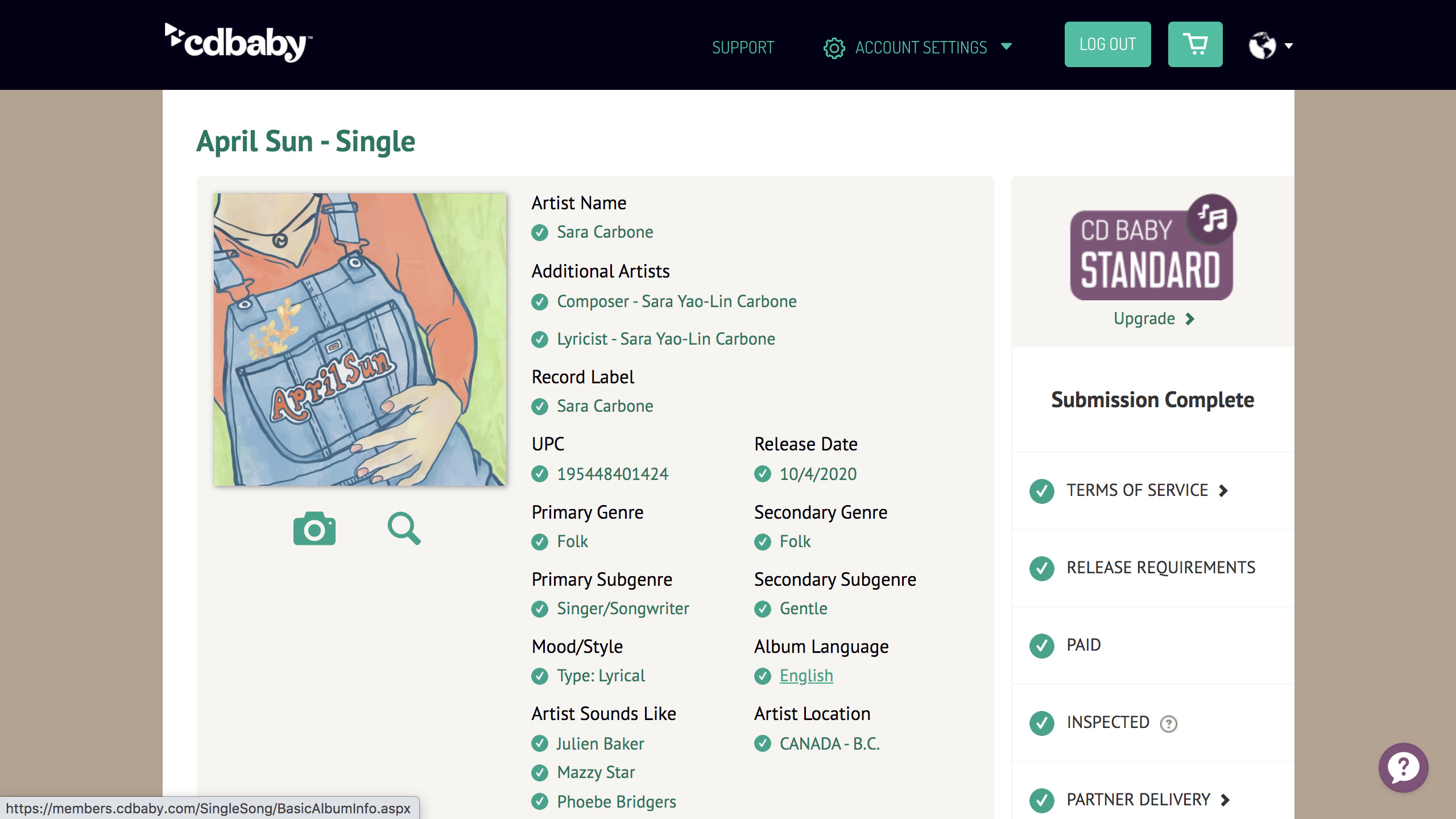 Screenshot of CD Baby interface Standard Single release page